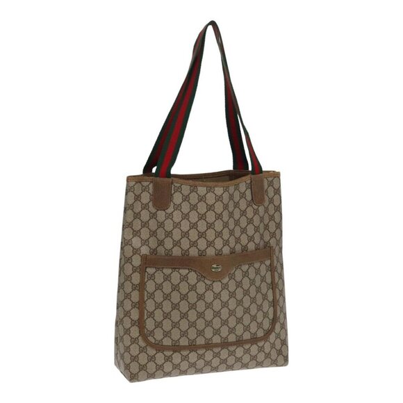 GUCCI GG Canvas Web Sherry Line Tote Bag PVC Leather Beige Green Red Auth - Picture 1 of 16